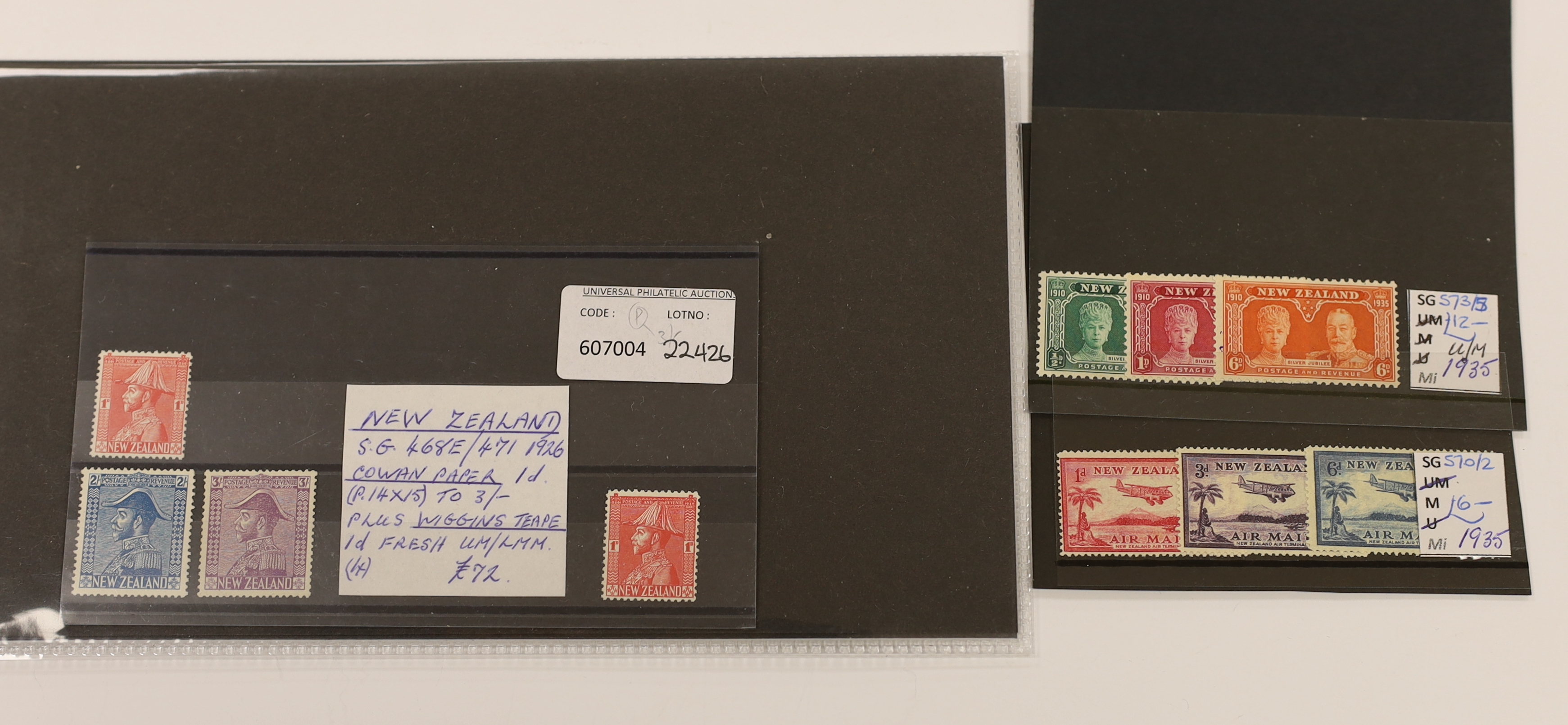 Various stamps including New Guinea 1931 both Overprinted air sets, 1935 £2, 1939 set to £1, New Zealand Q.V. Postal Fiscals to 5/- (2), 6/- and 10/-, 1902 2/- marginal block, Rhodesia 1905 Falls set, Northern Rhodesia 1